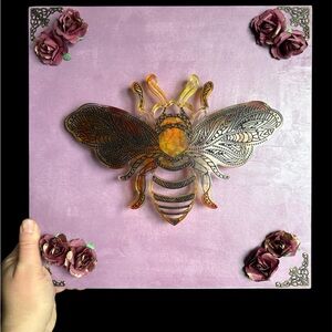 Decorative Bee Wall Art on Purple and Gold Wood Backdrop